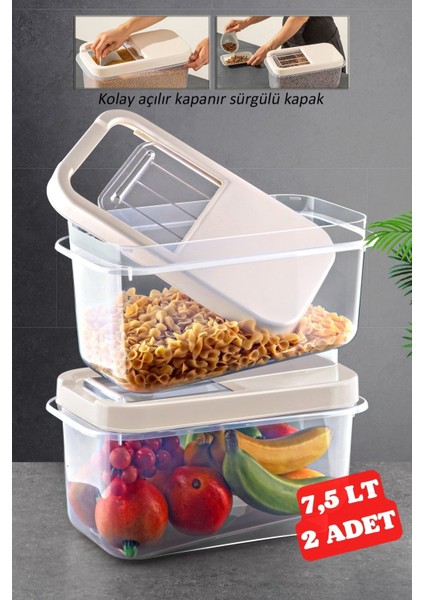 2 Adet 7,5 Lt Kolay Kayar Kapaklı Multibox Erzak Bakliyat Vs. Saklama Kabı Krem
