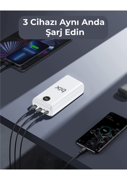 PB201 Üç Portlu 20000MAH 22.5W Süper Hızlı Şarj 4.0 Pd Giriş/çıkışlı LED Göstergeli Powerbank Beyaz