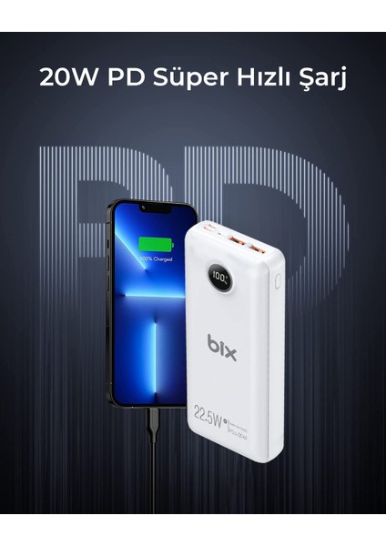 PB201 Üç Portlu 20000MAH 22.5W Süper Hızlı Şarj 4.0 Pd Giriş/çıkışlı LED Göstergeli Powerbank Beyaz