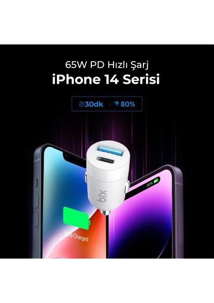 BXAC65C 65W PD Type-C & 18W USB-A Girişli Çift Portlu Hızlı Şarj Özellikli Araç Içi Şarj Cihazı Beyaz