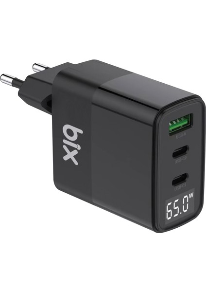 BX65GD 65W USB Type-C QC 4.0 PD 3.0 LED Göstergeli Gan 3 Portlu Hızlı Şarj Cihazı