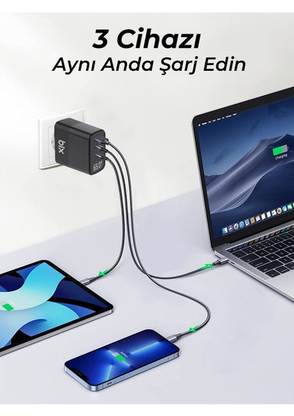 BX65GD 65W USB Type-C QC 4.0 PD 3.0 LED Göstergeli Gan 3 Portlu Hızlı Şarj Cihazı