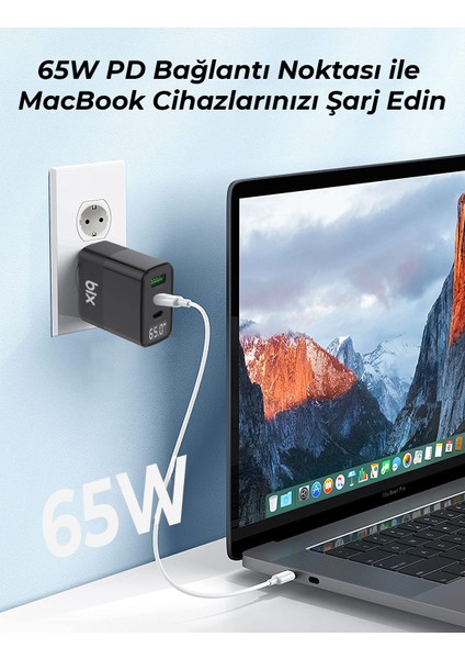 BX65GD 65W USB Type-C QC 4.0 PD 3.0 LED Göstergeli Gan 3 Portlu Hızlı Şarj Cihazı