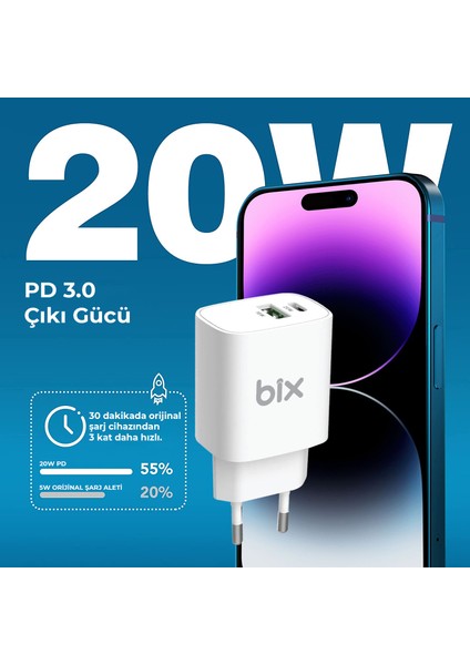 BX2P38 Çift Portlu 20W PD Typ-C + USB-A 18W QC Girişli Hızlı Şarj Adaptörü