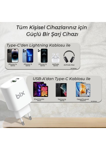 BX2P38 Çift Portlu 20W PD Typ-C + USB-A 18W QC Girişli Hızlı Şarj Adaptörü