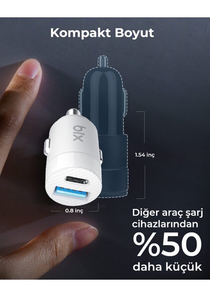 BXAC65C 65W PD Type-C & 18W USB-A Girişli Çift Portlu Hızlı Şarj Özellikli Araç Içi Şarj Cihazı Beyaz