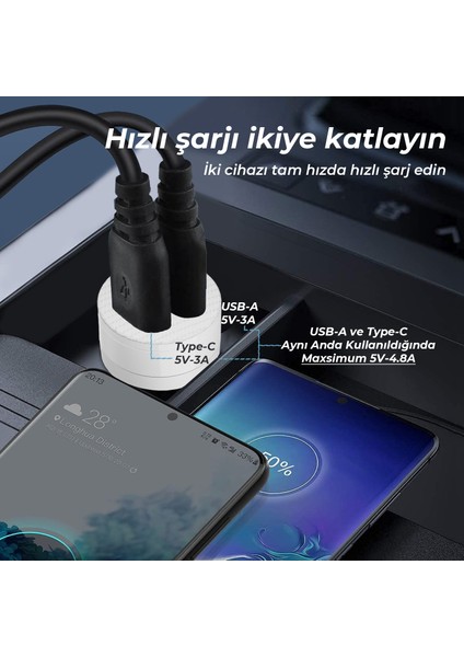 BXAC65C 65W PD Type-C & 18W USB-A Girişli Çift Portlu Hızlı Şarj Özellikli Araç Içi Şarj Cihazı Beyaz