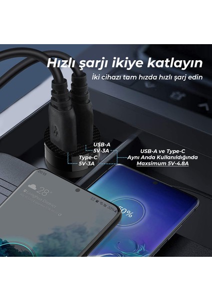 BXAC65C 65W PD Type-C & 18W USB-A Girişli Çift Portlu Hızlı Şarj Özellikli Araç içi Şarj Cihazı Siyah