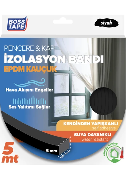 Boss Tape Epdm Kauçuk Pencere Kapı Izolasyon Bandı Siyah 5MMX15MMX5MT