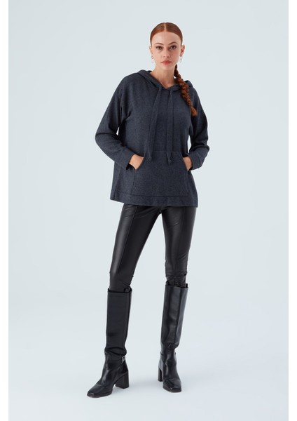 Kaşmir Karışım Kapüşonlu Bol Kesim Kadın Triko Kazak antrasit