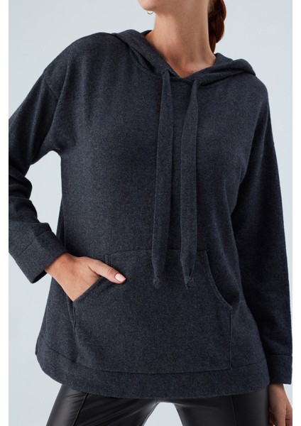 Kaşmir Karışım Kapüşonlu Bol Kesim Kadın Triko Kazak antrasit fırsatları