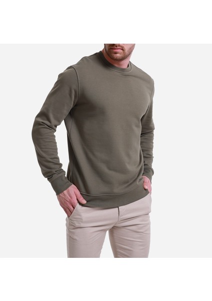 Sweatshirt %100 Organik Pamuk Bisiklet Yaka 3 Iplik Kalın Kumaş Basic Haki Erkek