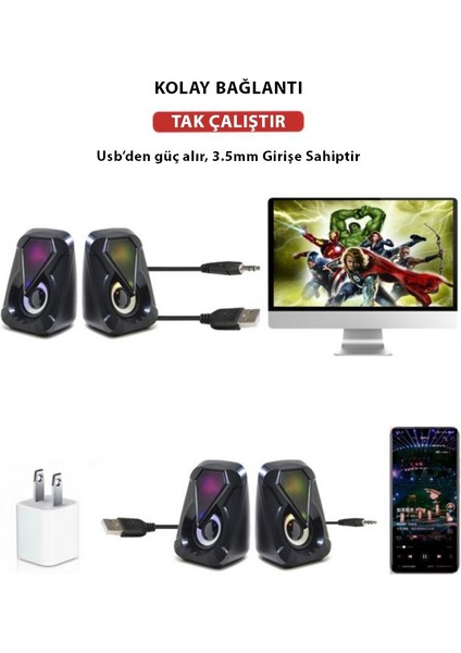 E-1053 Oyuncu Gamer Telefon Bilgisayar Tablet Uyumlu Rgb Stereo USB Hoparlör