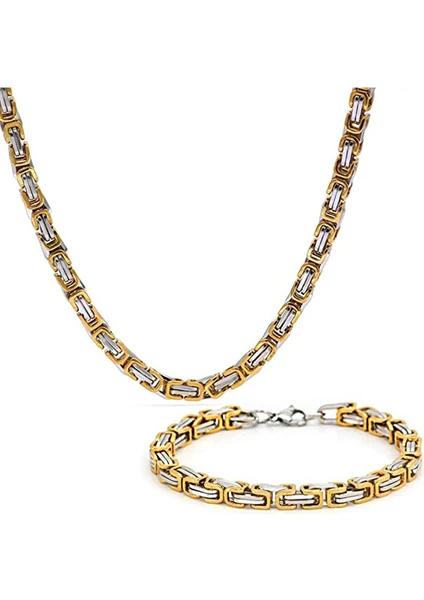 Trend Collection Erkek Gold-Gümüş Çelik 6 mm Kral Model Kolye Bileklik Set