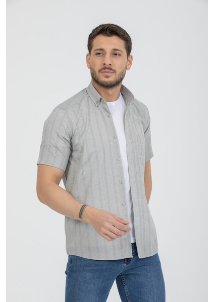 Erkek Gri Çizgili Pamuklu Cepli Kısa Kollu Gömlek fiyatları