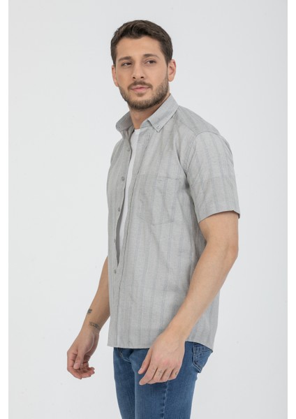 Erkek Gri Çizgili Pamuklu Cepli Kısa Kollu Gömlek modelleri