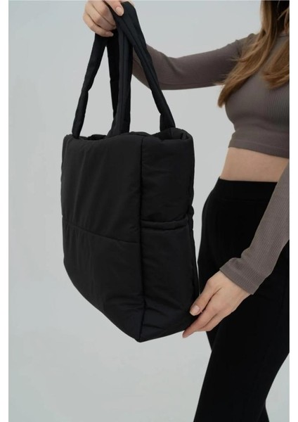 Samilon Kabartmalı Puf Kumaş Shopper Çanta Napoli Siyah Ağzı Fermuarlı Kol Omuz Okul fiyatları