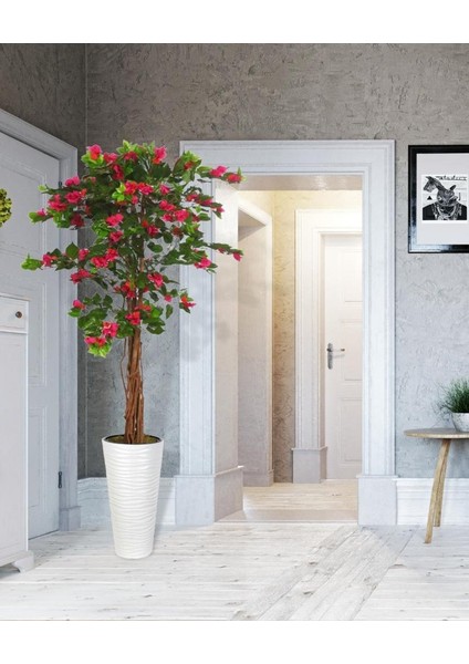 Yapay Ağaç Areka Ağacı Beyaz Uzun Kumsal Vazoda Begonvil Ağacı Fuşya Bodrum Çiçeği 180CM modelleri