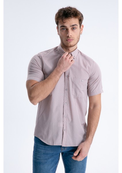 Erkek Pembe Kısa Kollu Cepli Kareli Yaka Düğmeli Pamuklu Gömlek fiyatları