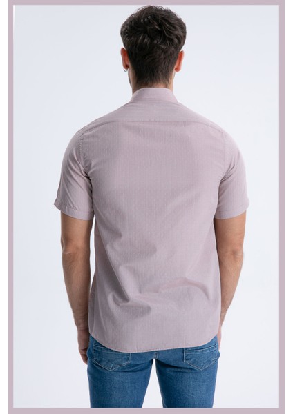 Erkek Pembe Kısa Kollu Cepli Kareli Yaka Düğmeli Pamuklu Gömlek modelleri
