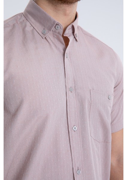 Erkek Pembe Kısa Kollu Cepli Kareli Yaka Düğmeli Pamuklu Gömlek fırsatları