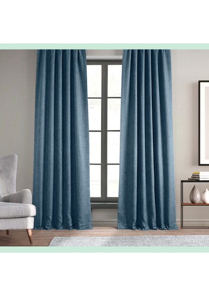 Taç Koyu Mavi Keten Karartma Blackout Fon Perde, 1/2,5 Normal Pile, Tek Kanat, 340 x 260 cm