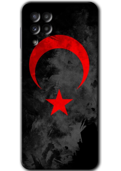 Samsung Galaxy A22 Kılıf Baskılı Kapak - Black Ayyıldız + 5d Tam Kaplayan Cam