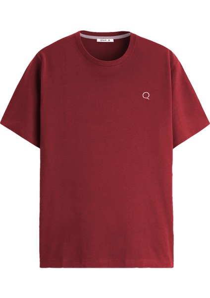 Bordo Oversize Tişört Erkek Basic Bisiklet Yaka | Düz Pamuklu Tshirt | Beyaz Nakişli Q Logo TRF6001