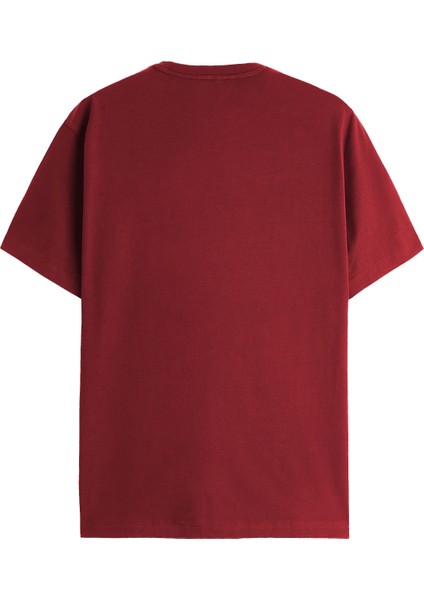 Bordo Oversize Tişört Erkek Basic Bisiklet Yaka | Düz Pamuklu Tshirt | Beyaz Nakişli Q Logo TRF6001