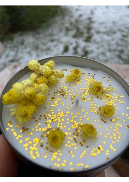 7*3 cm Boyutunda Metal Kutuda Kuru Çiçeklerle Süslenmiş Hindistan Cevizi Kokulu Pamuk Fitilli Soya Mumları modelleri