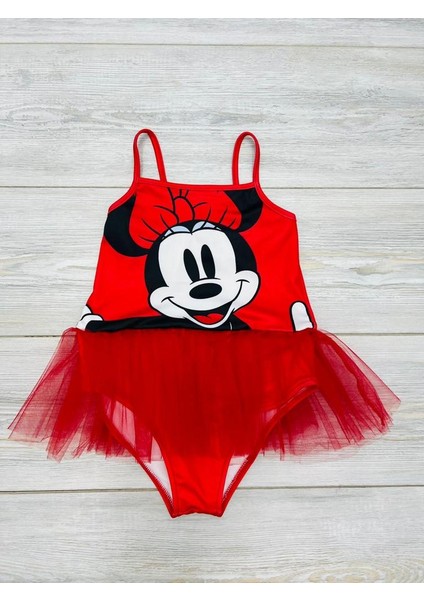 Kız Çocuk Balerin Tütülü Kırmızı Renk Mickey Baskılı Mayo Tül Tütü Detaylı Son Sezon