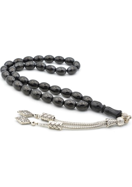 Gümüş Kaplama Püsküllü Arpa Kesim Oltu Taşı Tesbih