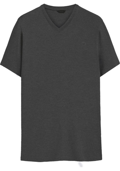 V-Yaka Siyah Basic Tişört Regular Fit Erkek Tshirt - Pamuklu Düz Melanj-Nakişli Q Logo TBR5004