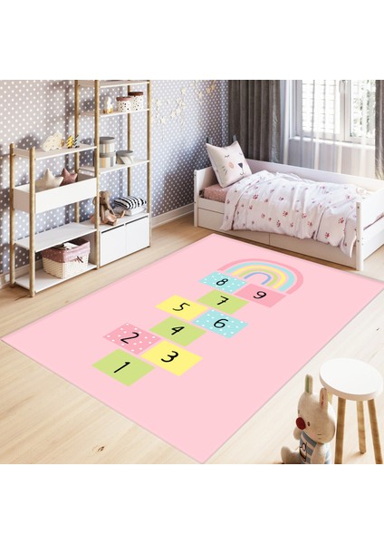 Dijital Baskılı Kaymaz Taban Yikanabilir Pembe Zemin Rainbow Seksekli Çocuk Halısı