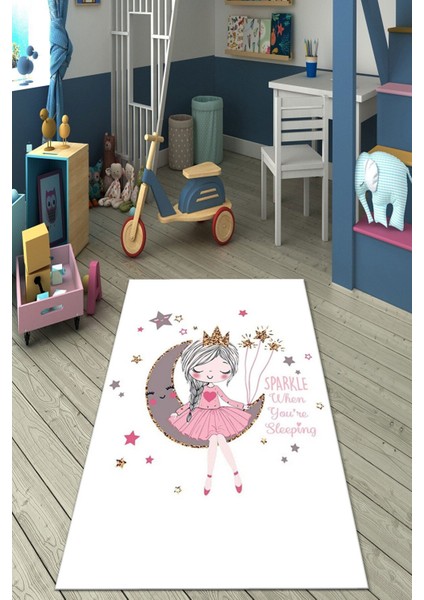 Dijital Baskılı Kaymaz Taban Yıkanabilir Ayda Oturan Sevimli Kız Beyaz Çocuk Odası Halısı