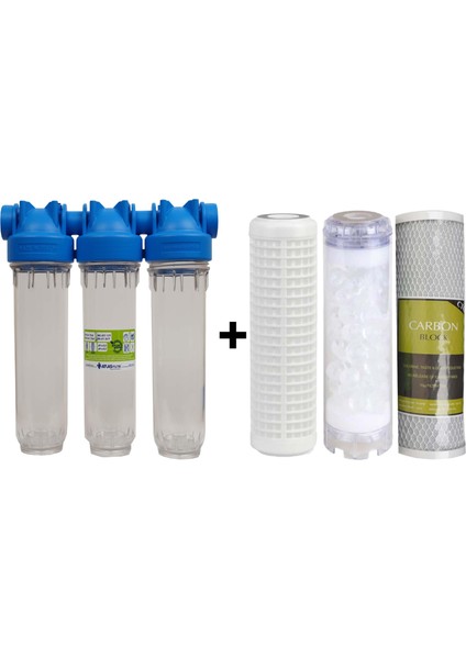 Atlas 10" Üçlü Daire Girişi Su Arıtma Cihazı (Ithal) Yıkanabilir + Silifoz + Blok Filtre