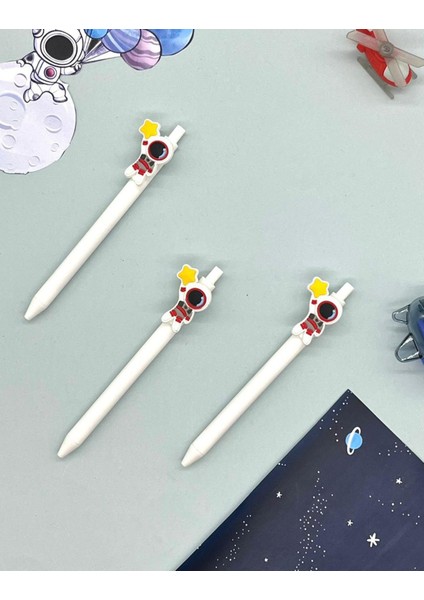 Sevimli Astronot Elinde Yıldız 0,5 Uçlu Üstten Basmalı Beyaz Jel Kalem