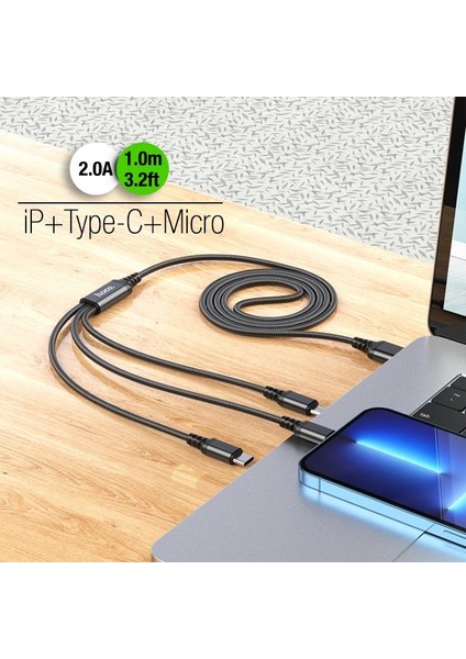 Polham 3in1 1 Metre USB To Type-C, iPhone Lightning, Micro USB Şarj ve Data Kablosu, 2A Halat Kablo
