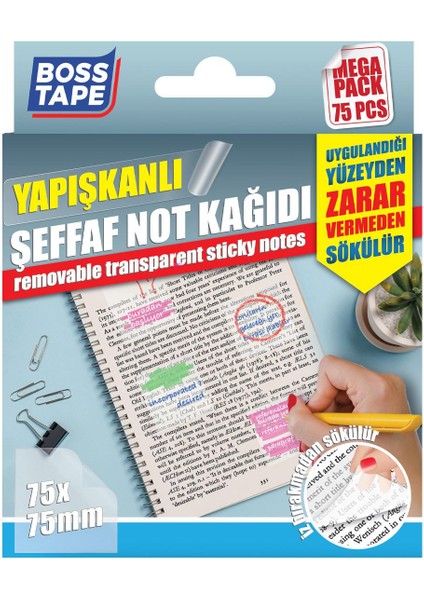 75 Adet Sökülebilir Şeffaf Yapışkanlı Not Kağıdı