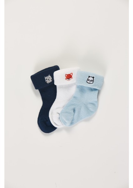 Baby Socks 3'lü Paket Bebek Renkli Pamuklu Nakışlı Dikişsiz Kıvırmalı Soket Çorap