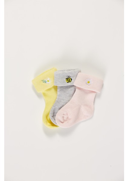 Baby Socks 3'lü Paket Bebek Renkli Pamuklu Nakışlı Dikişsiz Kıvırmalı Soket Çorap