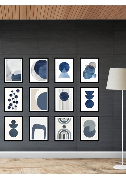 Oturma Odası Soyut Mavi Gri Dekorize Mdf Tablo Seti 12 Parça 3 mm (Çerçeve Görünümlü)