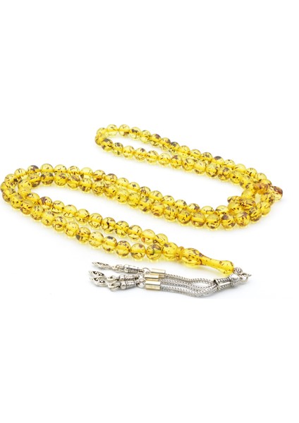 Gümüş Kaplama Püsküllü Küre Kesim 99 Luk Fosilli Toz Pres Kehribar Tesbih 003