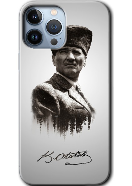 Apple iPhone 13 Pro Max Kılıf Baskılı Kapak - Mustafa Kemal Atatürk +Tam Kaplayan Mat Seramik