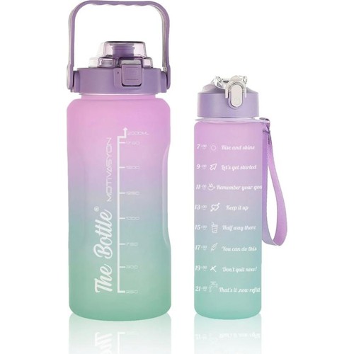 Motivasyonel 2li Pipetli Stickerli Su Matarası Su Şişesi Suluk 2LT+900ML Yavrulu Tritan Su Şişesi Suluk Motivasyonset-