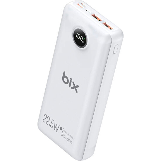 Bix PB201 Üç Portlu 20000MAH 22.5W Süper Hızlı Şarj 4.0 Pd Giriş/çıkışlı LED Göstergeli Powerbank Beyaz