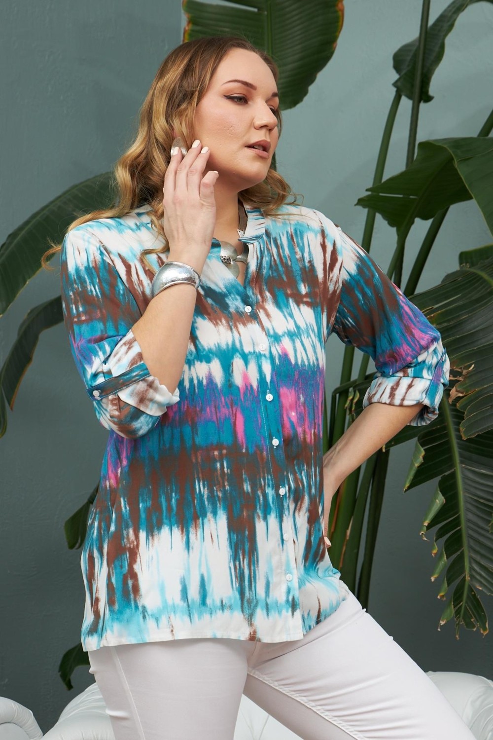 Rmg Batik Desen Büyük Beden Indigo Gömlek