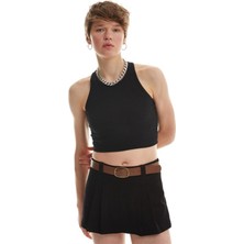 Halter Yaka Crop Bluz Siyah