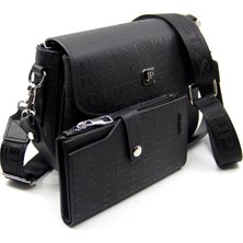 Just Polo Siyah Baskı Desenli Kolon Askılı 4 Bölmeli Kadın Omuz Çantası ve Cüzdan Kombini 25X15CM MDS2184