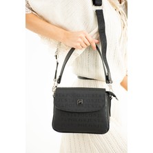 Just Polo Siyah Baskı Desenli Kolon Askılı 4 Bölmeli Kadın Omuz Çantası ve Cüzdan Kombini 25X15CM MDS2184